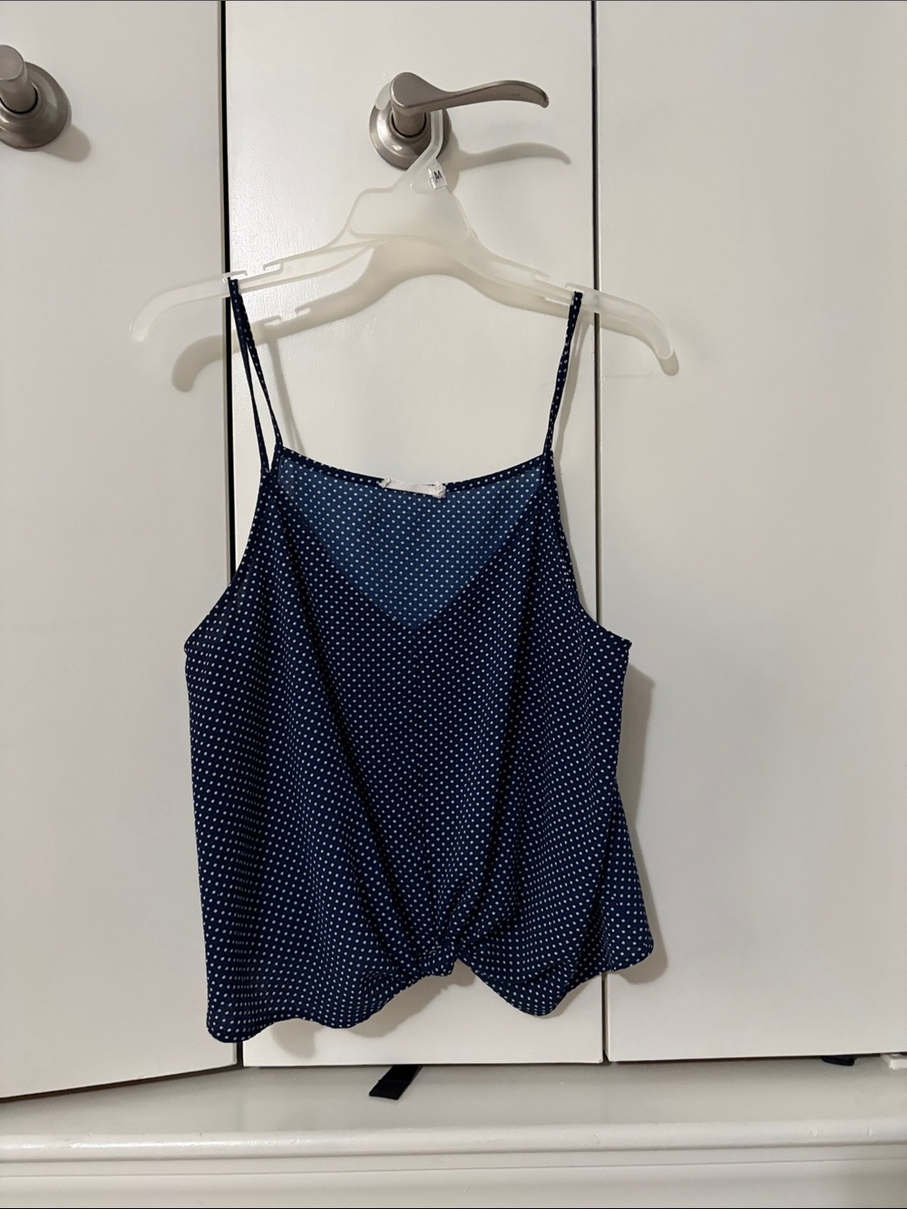 Lush Navy Polka Dot Twist Front Spaghetti Strap Crop Top